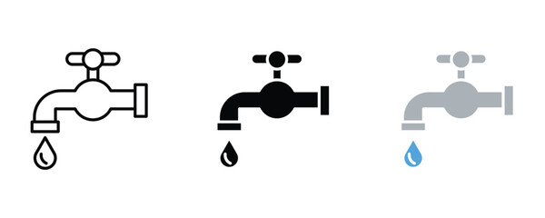 Water tap with drop icon set vector on white background. faucet, plumbing, leak, symbol.