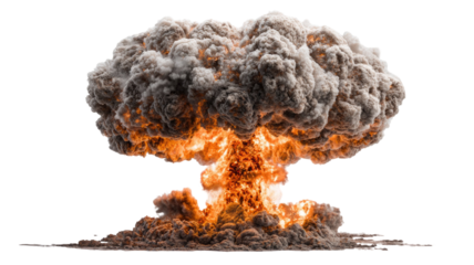 atomic explosion with mushroom cloud and intense fire powerful nuclear blast smoke and flames isolated on white background