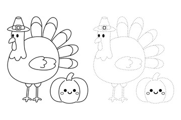 Trace and Color Turkey and Pumpkin Thanksgiving for Kids