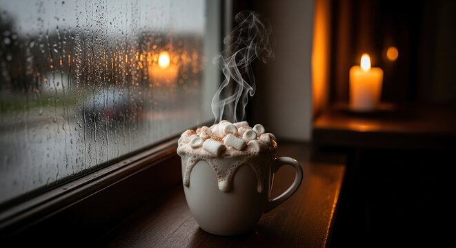 Cozy rainy day hot chocolate with marshmallows and candle light for relaxation and comfort feeling at home - Powered by Adobe