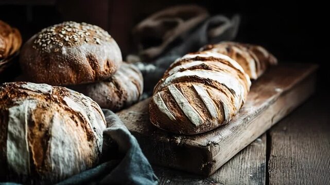 Assorted crusty artisanal bread loaves and boules resting on a rustic wooden table with a dark cloth.