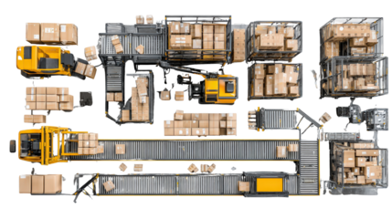 Large warehouse packing section with stacked boxes and equipment top view isolated on a Transparent background, PNG file.