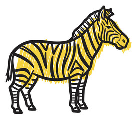 Naklejka premium Cartoon zebra with detailed black and yellow striped pattern standing upright on white background.