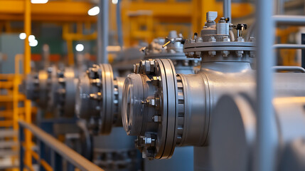 Industrial pipeline with flanges and valves, showcasing robust engineering and precise control.  Metallic structure with intricate connections ensures efficient operation in a manufacturing context.