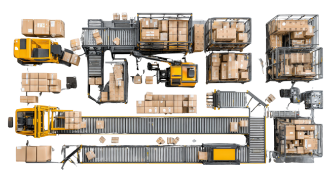 Large warehouse packing section with stacked boxes and equipment top view isolated on a Transparent background, PNG file.
