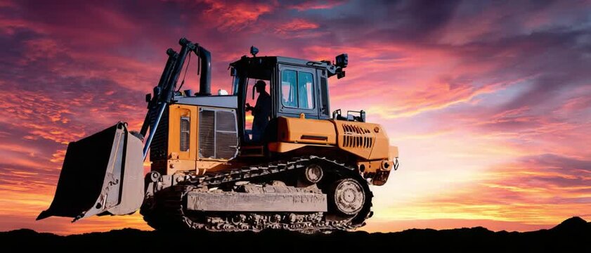 Dusk's Dozer: A powerful bulldozer silhouette against a mesmerizing sunset. Captured in dramatic lighting, the scene evokes a sense of both industry and the beauty of nature.