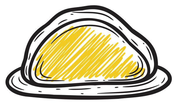 Hand-drawn sketch of a construction hard hat with a distinctive yellow center and bold black outlines, symbolizing safety and protection.