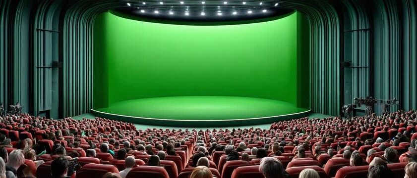 Green Screen Stage: A vast theatre is filled with eager audience, their eyes focused on a vivid green screen on stage, creating the perfect backdrop for limitless creative possibilities.