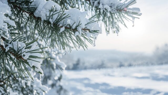 Winter bright background with snowy pine branches and frozen pine tree branches.