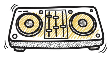 Simple black outline sketch of a dj mixer with two round turntables and vertical sound mixers for music production and entertainment.