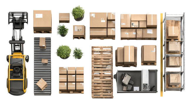Large warehouse packing section with stacked boxes and equipment top view isolated on a Transparent background, PNG file.