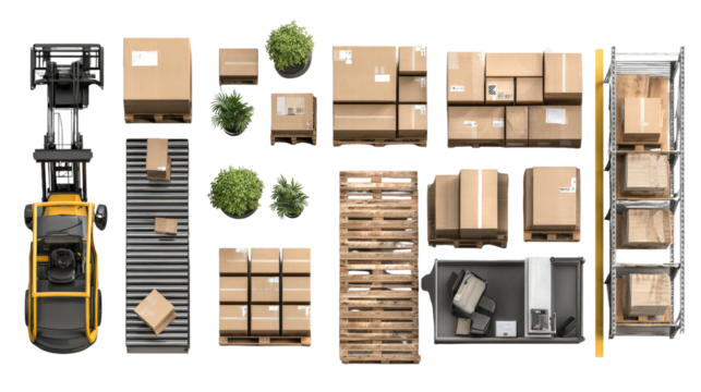 Large warehouse packing section with stacked boxes and equipment top view isolated on a Transparent background, PNG file.