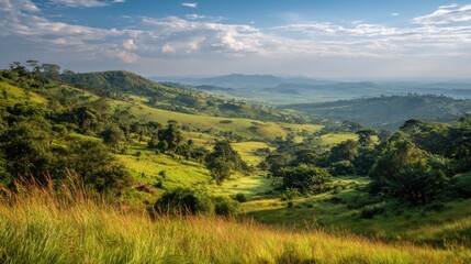 Obraz premium Rolling hills covered in lush greenery stretch across the landscape illuminated by bright sunlight. Gentle clouds drift in the blue sky creating a picturesque scene of nature.