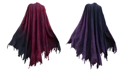Mysterious capes in deep crimson and twilight purple, perfect for fantasy cosplay, gothic fashion, or Halloween costume designs, adding enigmatic flair.
