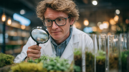 Plant researcher examining seedlings with magnifying glass, glass tubes containing sprouts arranged neatly, soft industrial lighting creating scientific ambiance