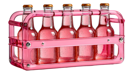 Pink beer carrier with bottles, six-pack design with glass highlights, isolated on white background