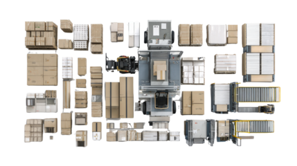 Large warehouse packing section with stacked boxes and equipment top view isolated on a Transparent background, PNG file.