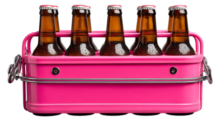 Pink beer carrier with bottles, six-pack design with glass highlights, isolated on white background