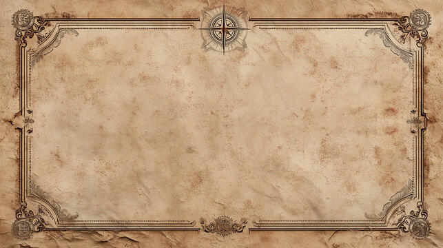 Antique parchment paper background with detailed ornamental frame and compass rose, ideal for maps, invitations, or certificates.