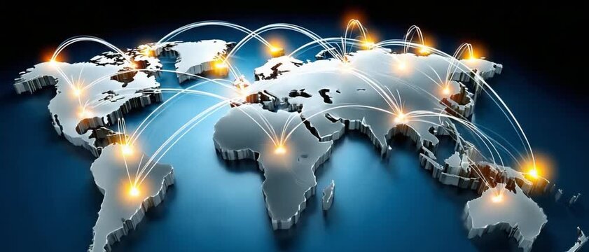 Global Network: A digital tapestry of connections across the world map, where luminous threads represent the seamless flow of data, ideas, and commerce.