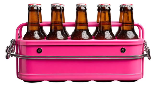 Pink beer carrier with bottles, six-pack design with glass highlights, isolated on white background