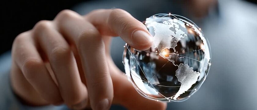 Global Connection: A person delicately holds a glass globe in their hand, the continents delicately etched within, symbolizing the interconnectedness of our world.