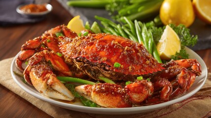 A vibrant dish featuring a large crab seasoned with spices garnished with green onions lemon wedges and accompanied by fresh vegetables. Perfect for a seafood feast.