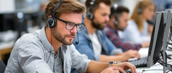 Focused Support: A dedicated team, immersed in their work, utilizes headsets and computer systems to provide exemplary customer assistance and solutions.
