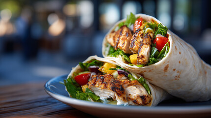 Fresh tortilla wrap held at an angle, vibrant vegetables and golden grilled chicken peeking out, soft natural light enhancing textures and colors