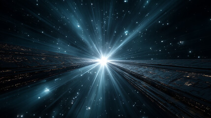 Obraz premium Futuristic sci-fi space structure with a radiant light burst, glowing panels, and a deep starfield in a galactic environment