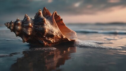 Coastal Serenity: A delicate seashell rests gracefully in the gentle embrace of the shoreline, as the soft hues of sunrise paint the sky, evoking tranquility and the timeless beauty of the ocean.