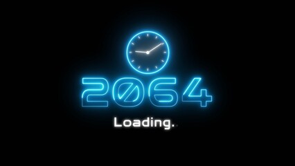 Neon light new year text illustration. Neon year's with clock symbol.