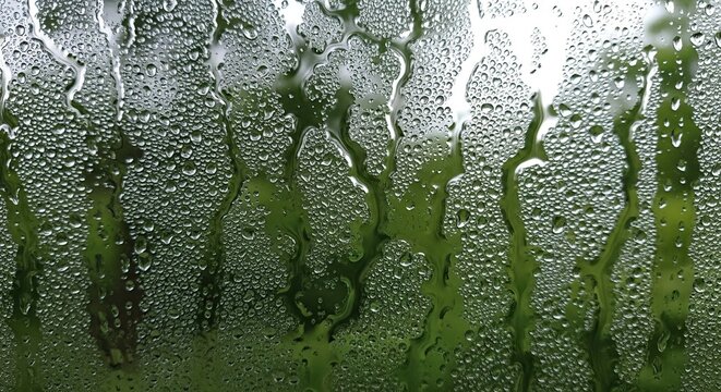Dew drops on glass window with green background condensation water droplets moisture weather nature pattern