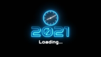 Neon light new year text illustration. Neon year's with clock symbol.