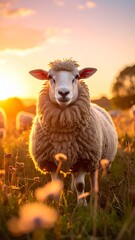 Obraz premium Portrait of a fluffy sheep in a sunlit meadow at golden hour.