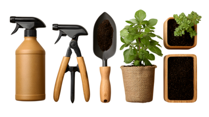 Plant care set, spray mister pruners and soil scoop, neat layout, isolated on white background