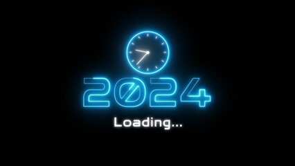 Neon light new year text illustration. Neon year's with clock symbol.