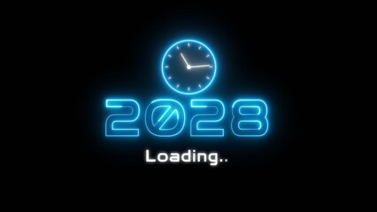 Neon light new year text illustration. Neon year's with clock symbol.