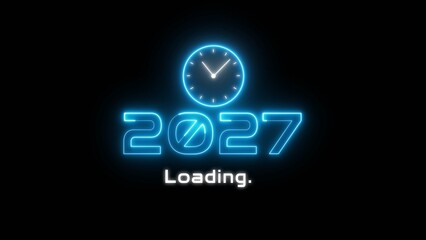 Neon light new year text illustration. Neon year's with clock symbol.