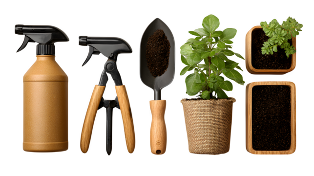Plant care set, spray mister pruners and soil scoop, neat layout, isolated on white background