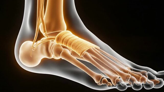 Anatomical view of a human foot showing bones tendons and ligaments on a black background