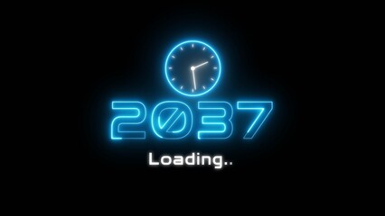 Neon light new year text illustration. Neon year's with clock symbol.