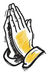 Colorful sketch of two praying hands positioned together in a gesture of prayer or gratitude, featuring black outlines and yellow shading.