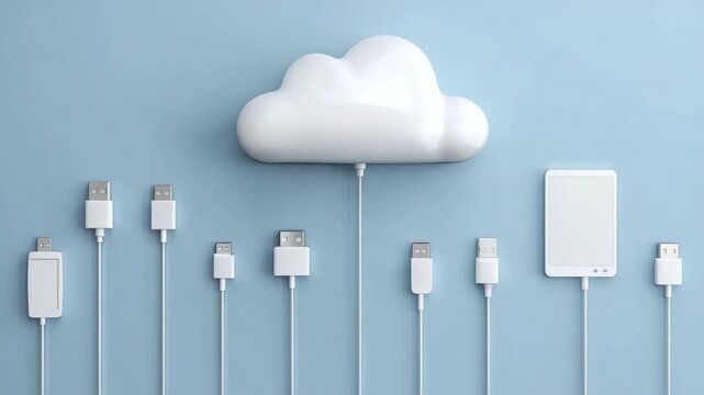 A stylized white cloud connected to several electronic connectors and a rectangular digital device via white cables on a light blue surface