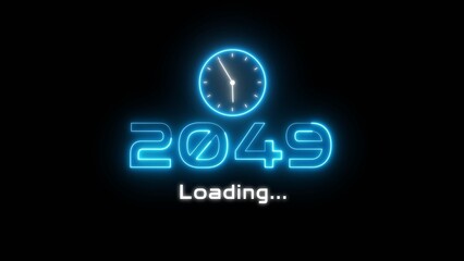 Neon light new year text illustration. Neon year's with clock symbol.