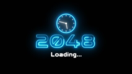 Neon light new year text illustration. Neon year's with clock symbol.