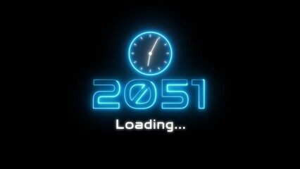 Neon light new year text illustration. Neon year's with clock symbol.