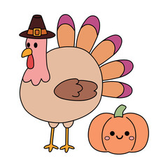 Turkey and Pumpkin Thanksgiving Clipart Isolated on White Background Vector