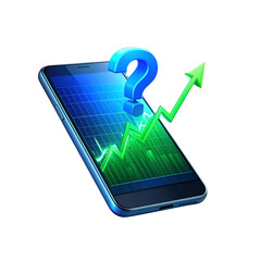 3D Smartphone with Question Mark and Uptrend Stock Chart, Isolated on Transparent Background