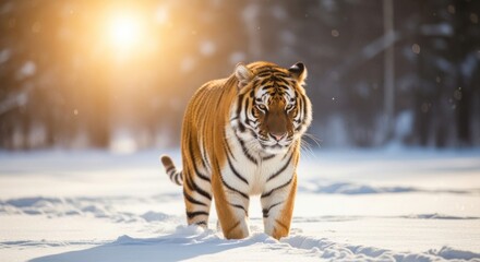 A majestic tiger walking in a snowy forest at sunset.